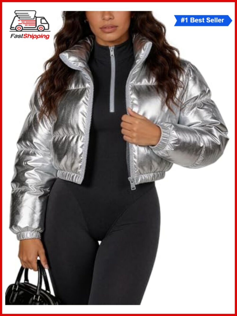 ✨ Flygo Women's Cropped Metallic Shiny Puffer Jacket Zip Up Winter Coat
